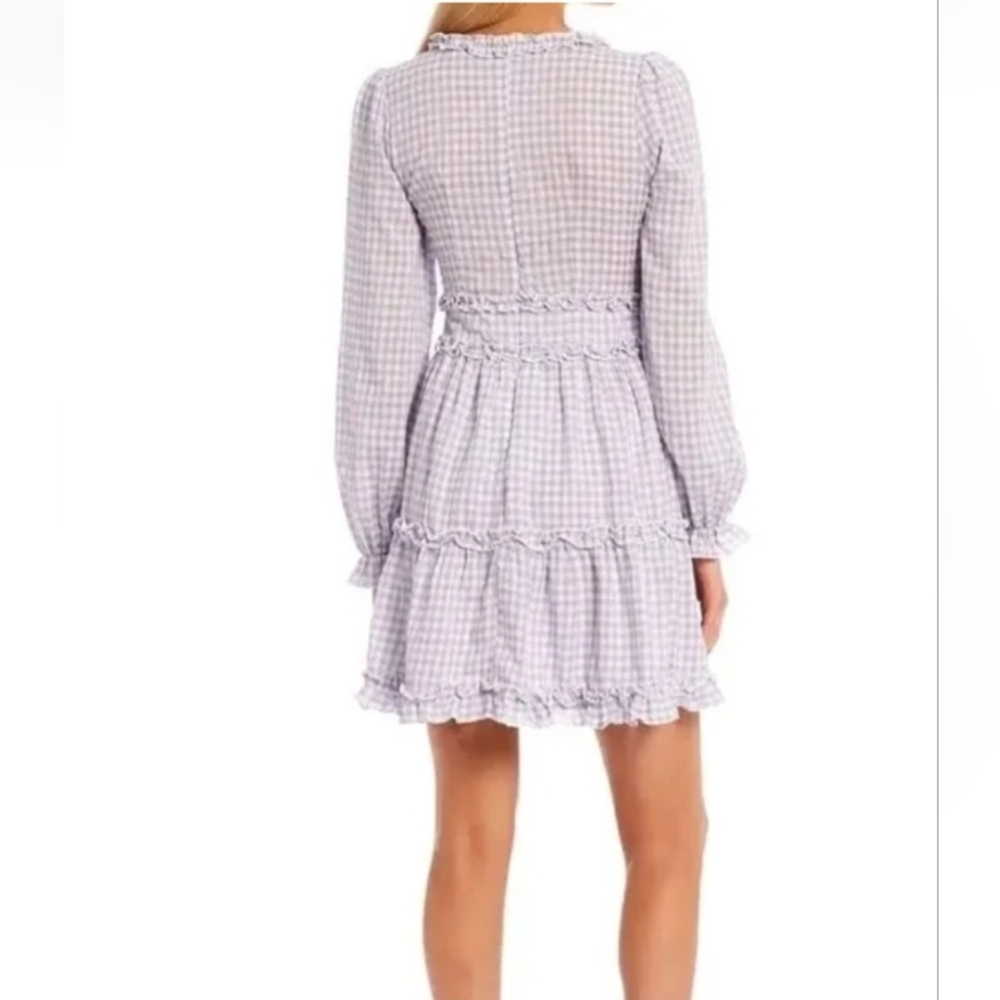 Allison + Kelly Long Sleeve Ruffle Trim Gingham Fit And Flare Lavender Dress. - Picture 2 of 5